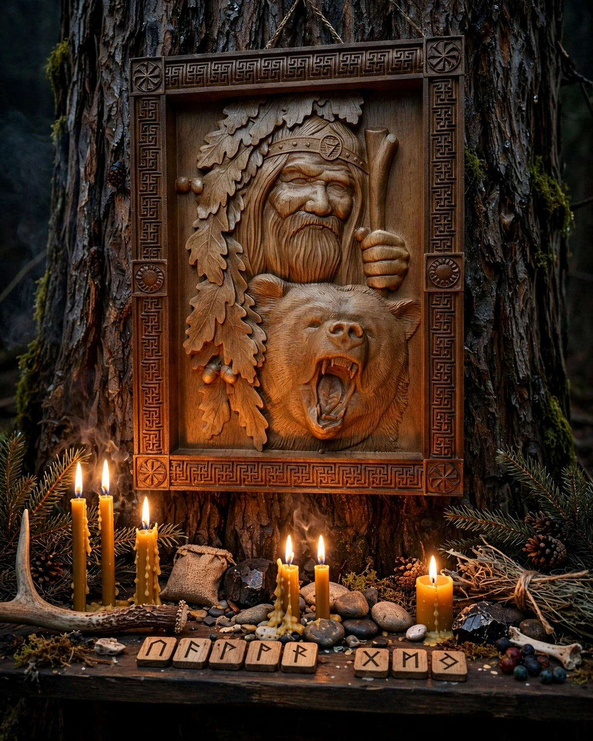 Veles with Bear Wooden Wall Panel — Hand-Carved Wood Art