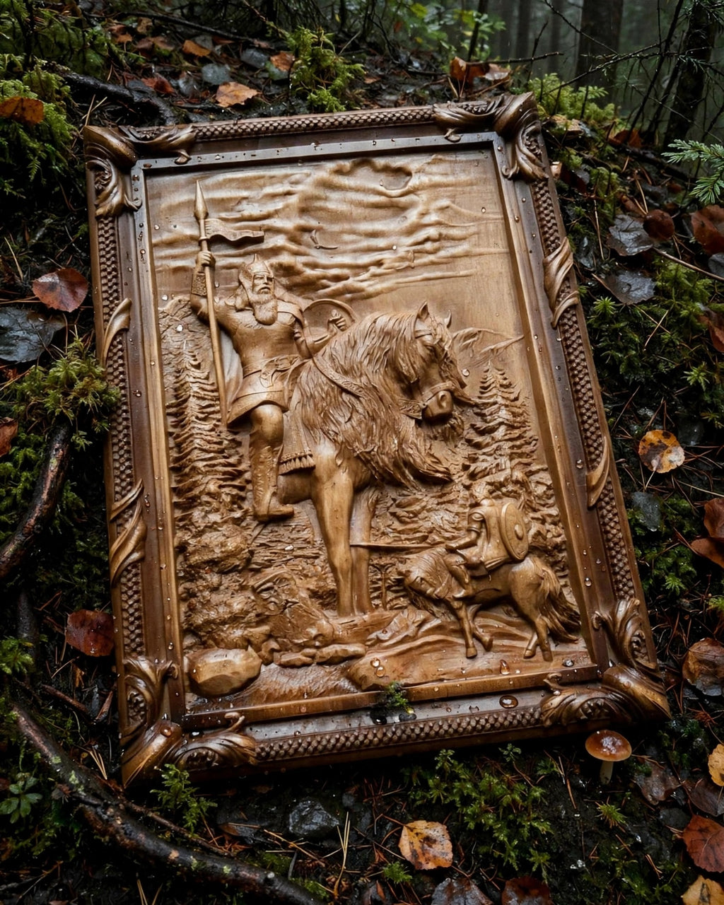Ilya Muromets Meets Svyatogor Wooden Wall Panel — Hand-Carved Wood Art