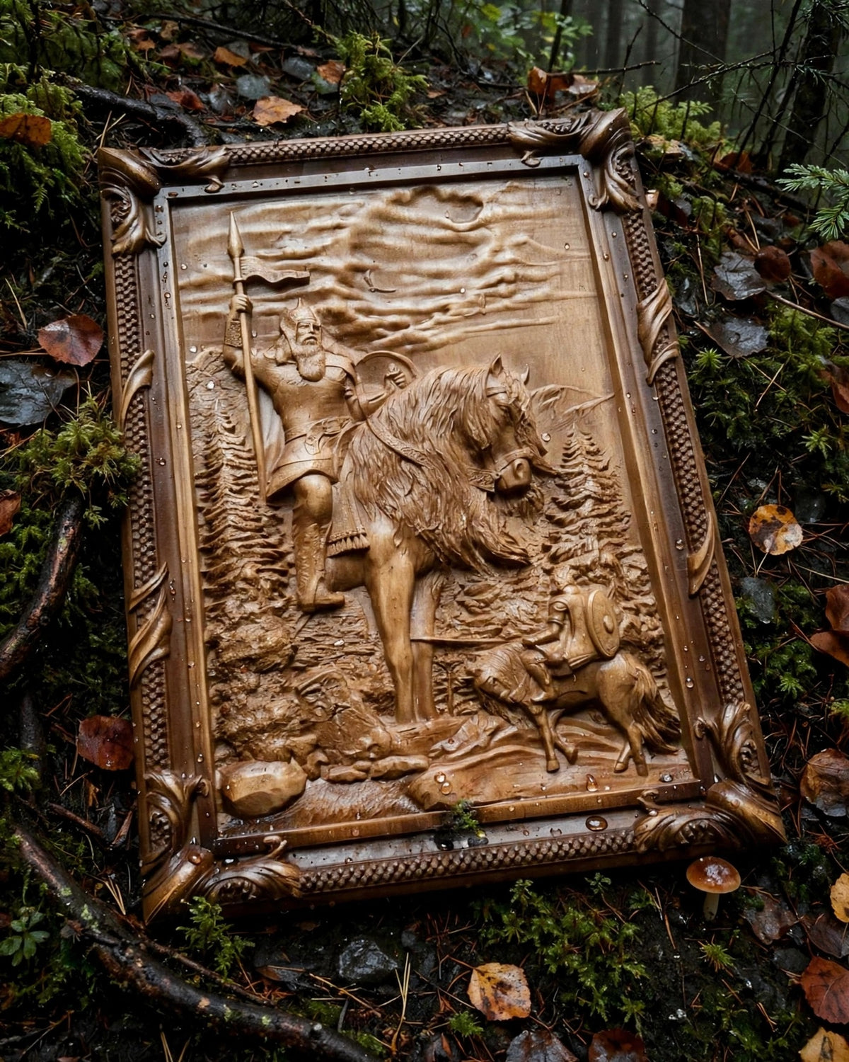 Ilya Muromets Meets Svyatogor Wooden Wall Panel — Hand-Carved Wood Art