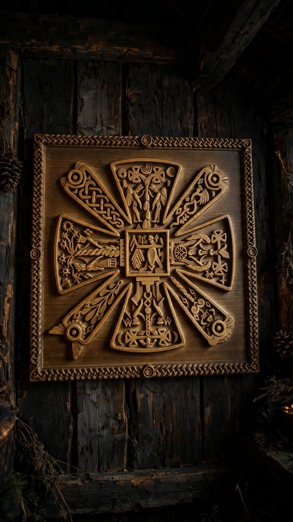 Slavic Kres Wooden Wall Panel — Hand-Carved Wood Art