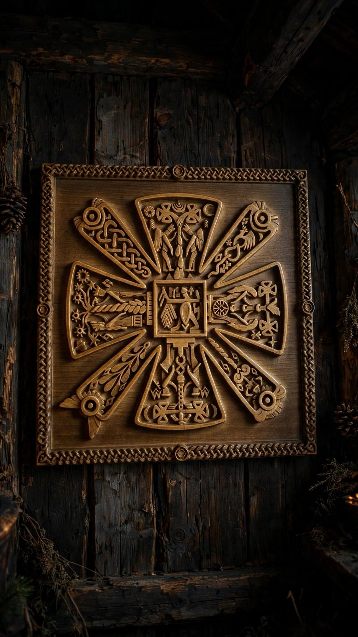 Slavic Kres Wooden Wall Panel — Hand-Carved Wood Art