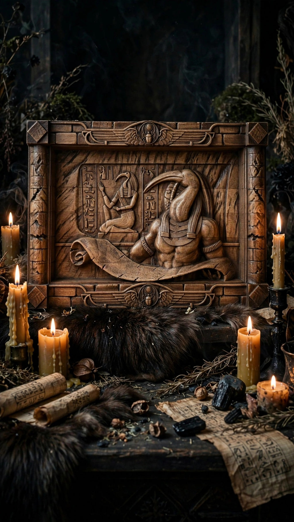 Egyptian God Thoth Wooden Wall Panel — Hand-Carved Wood Art