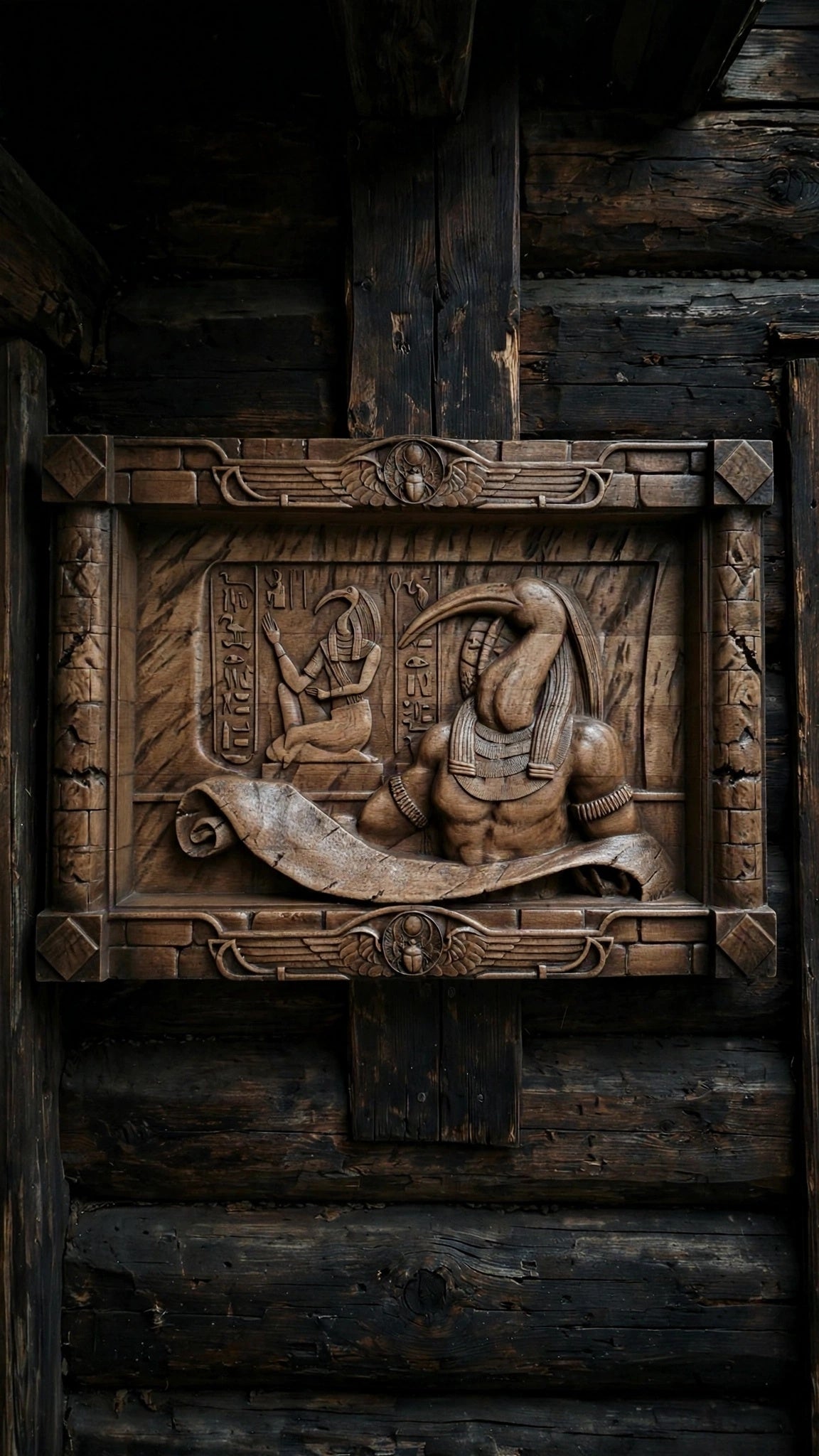 Egyptian God Thoth Wooden Wall Panel — Hand-Carved Wood Art