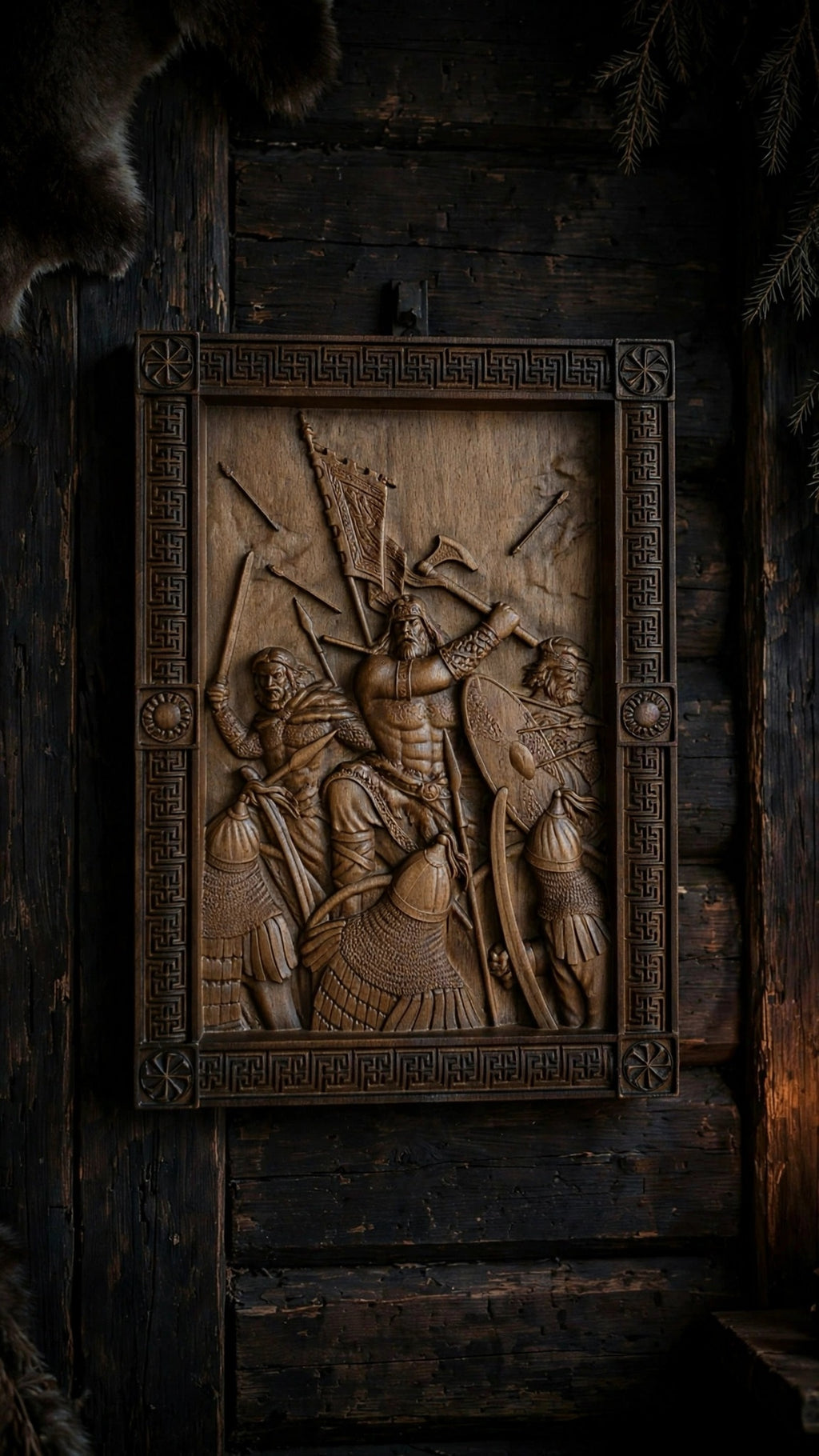 Druzhina (Warrior Retinue) Wooden Wall Panel — Hand-Carved Wood Art