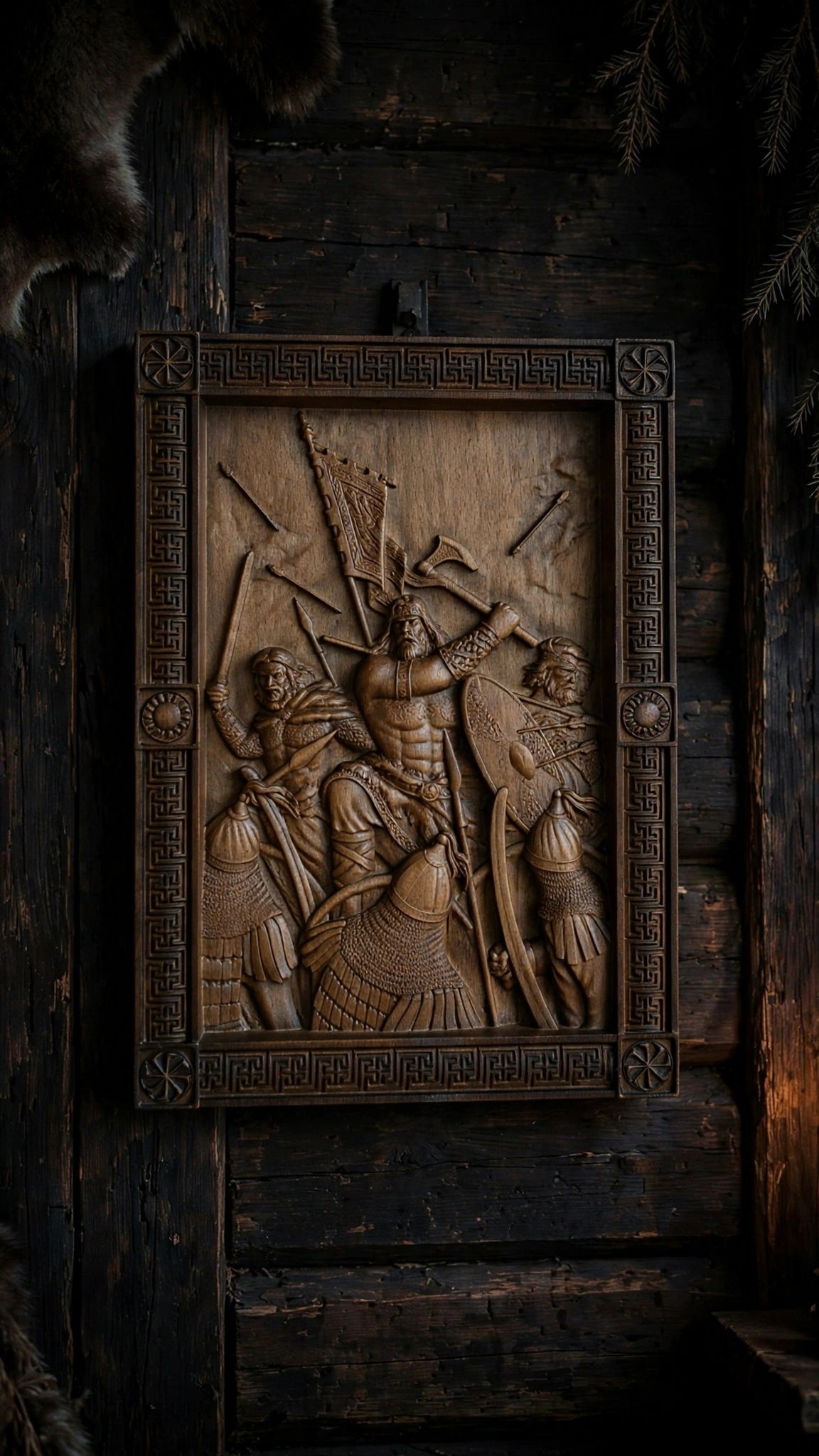 Druzhina (Warrior Retinue) Wooden Wall Panel — Hand-Carved Wood Art
