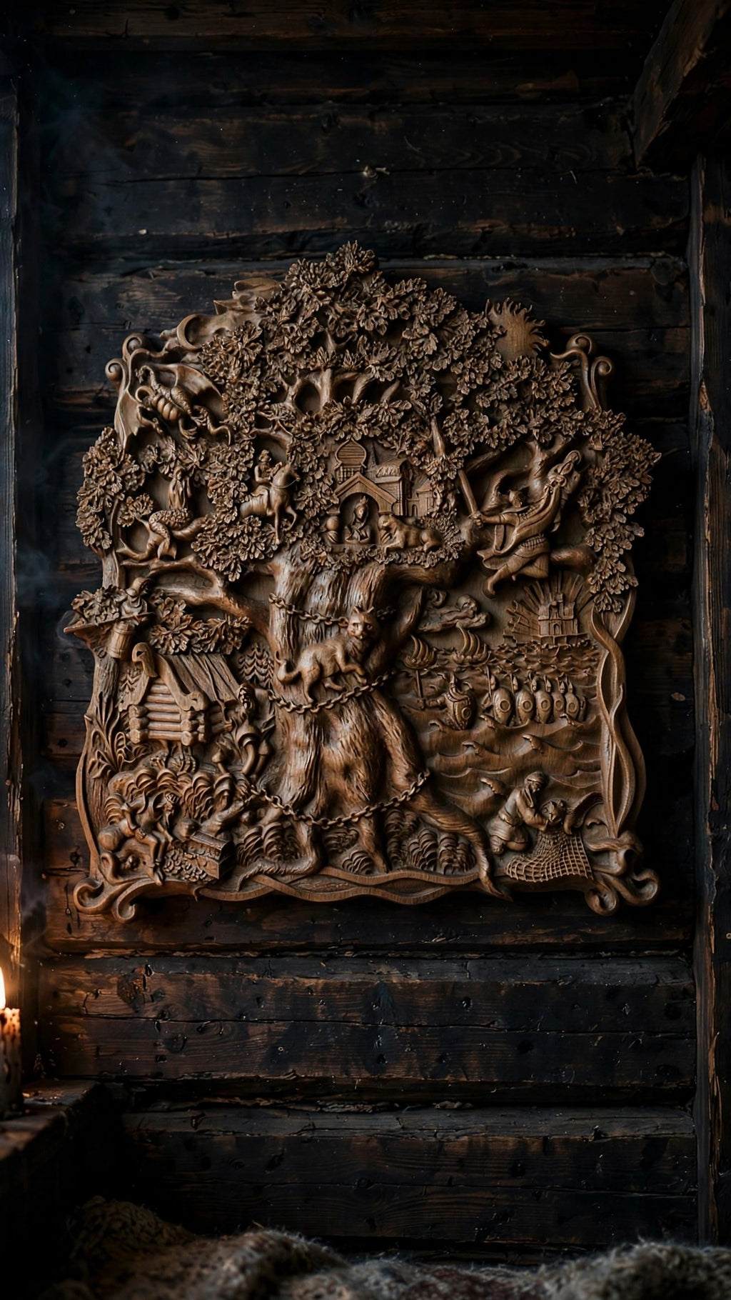 Lukomorye Wooden Wall Panel — Hand-Carved Wood Art