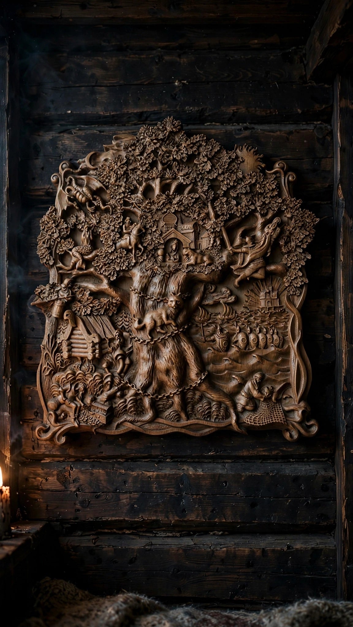 Lukomorye Wooden Wall Panel — Hand-Carved Wood Art