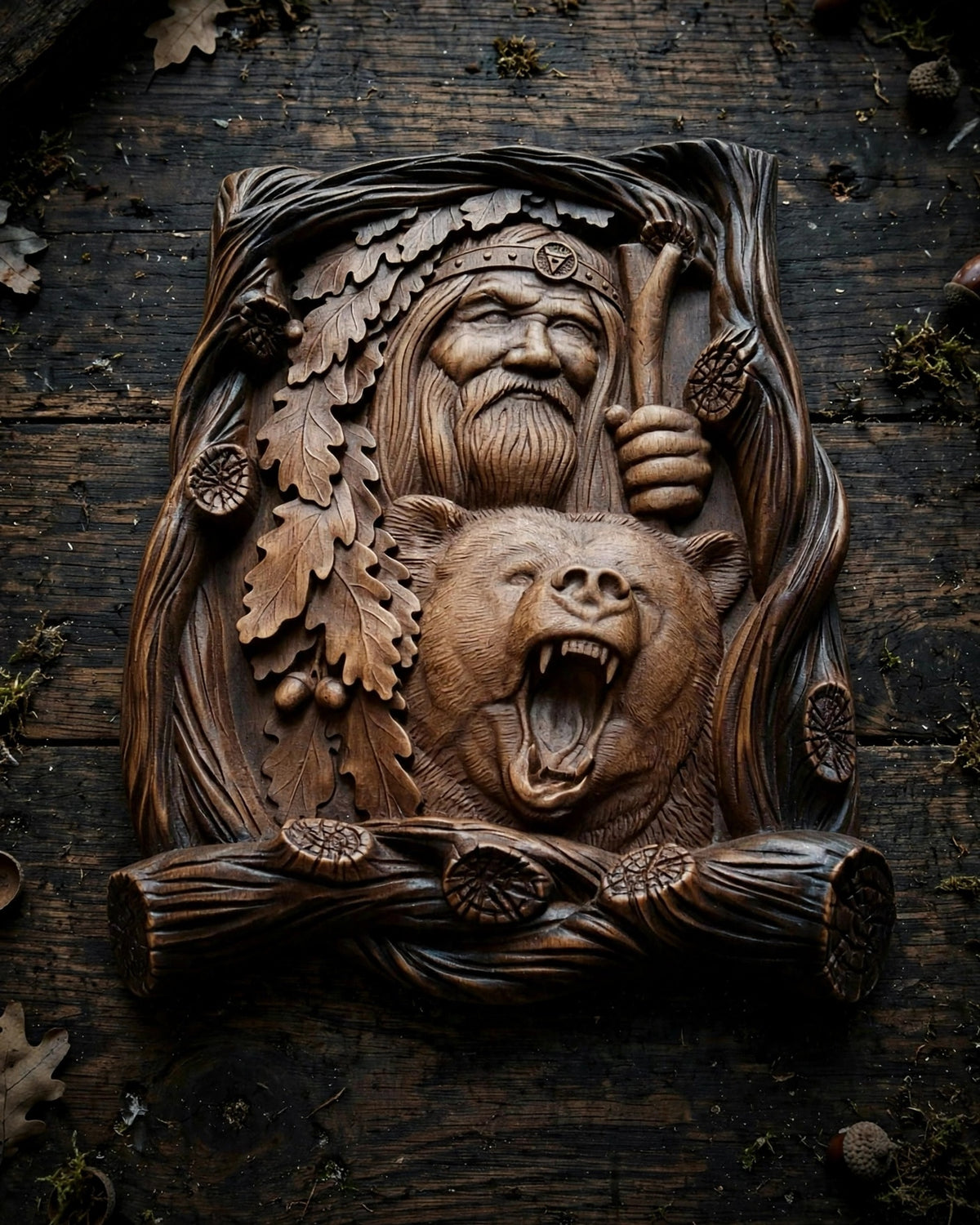 God Veles Wooden Wall Panel — Hand-Carved Wood Art