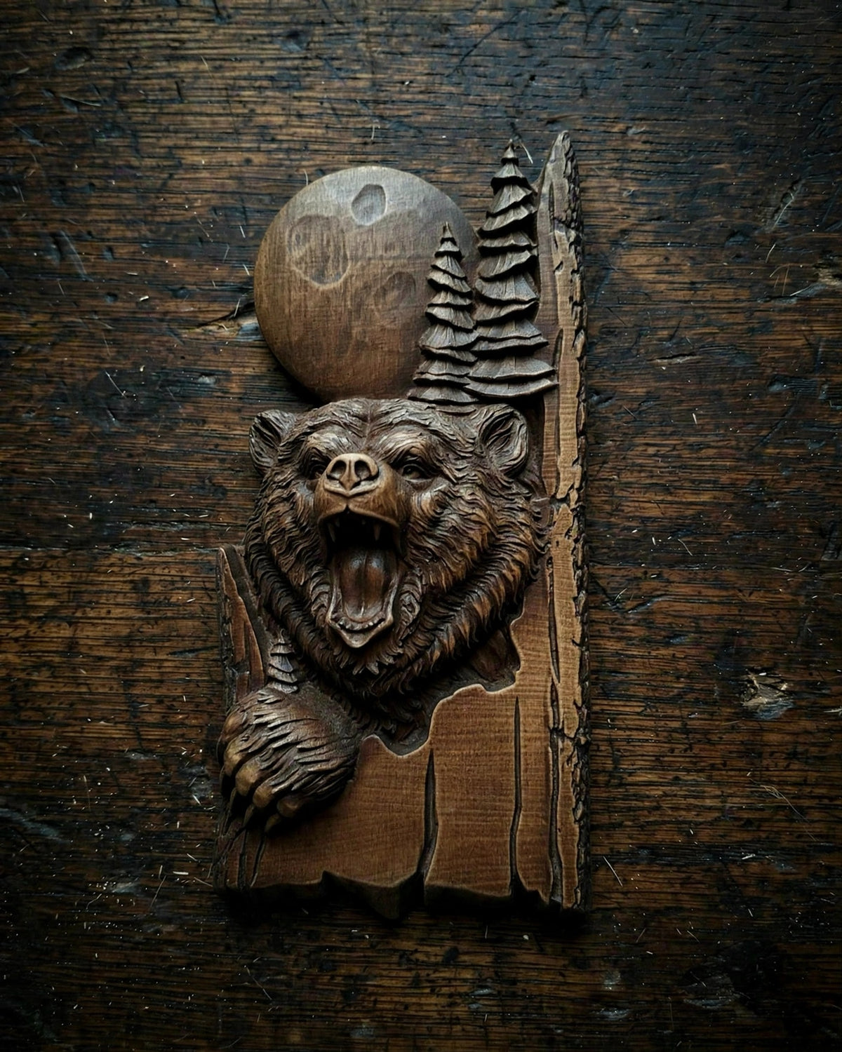 Bear Wooden Wall Panel — Hand-Carved Wood Art