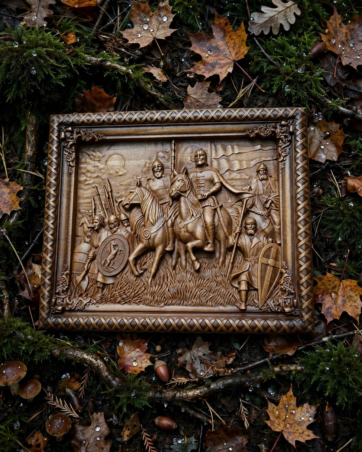 Rus, Warriors of the North Wooden Wall Panel — Hand-Carved Wood Art