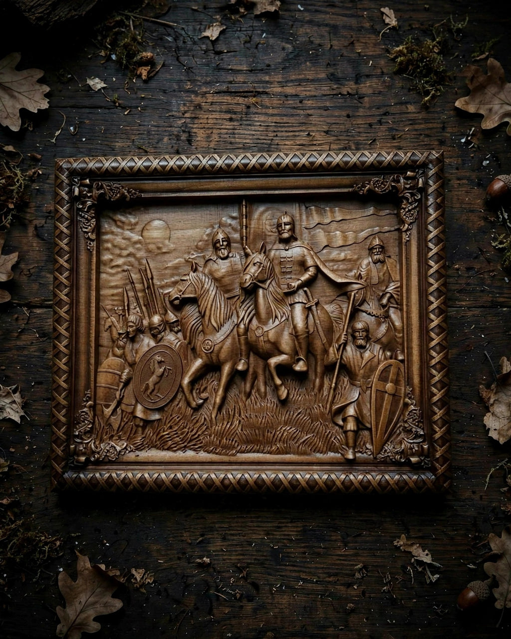 Rus, Warriors of the North Wooden Wall Panel — Hand-Carved Wood Art