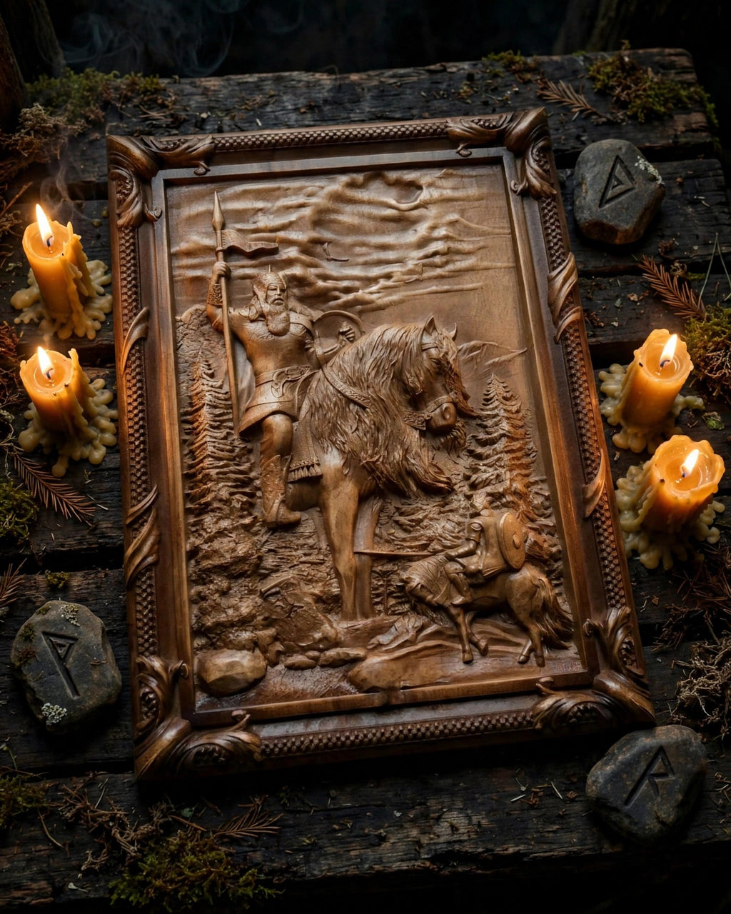 Ilya Muromets Meets Svyatogor Wooden Wall Panel — Hand-Carved Wood Art