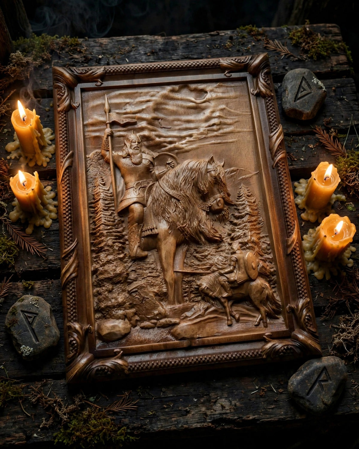 Ilya Muromets Meets Svyatogor Wooden Wall Panel — Hand-Carved Wood Art