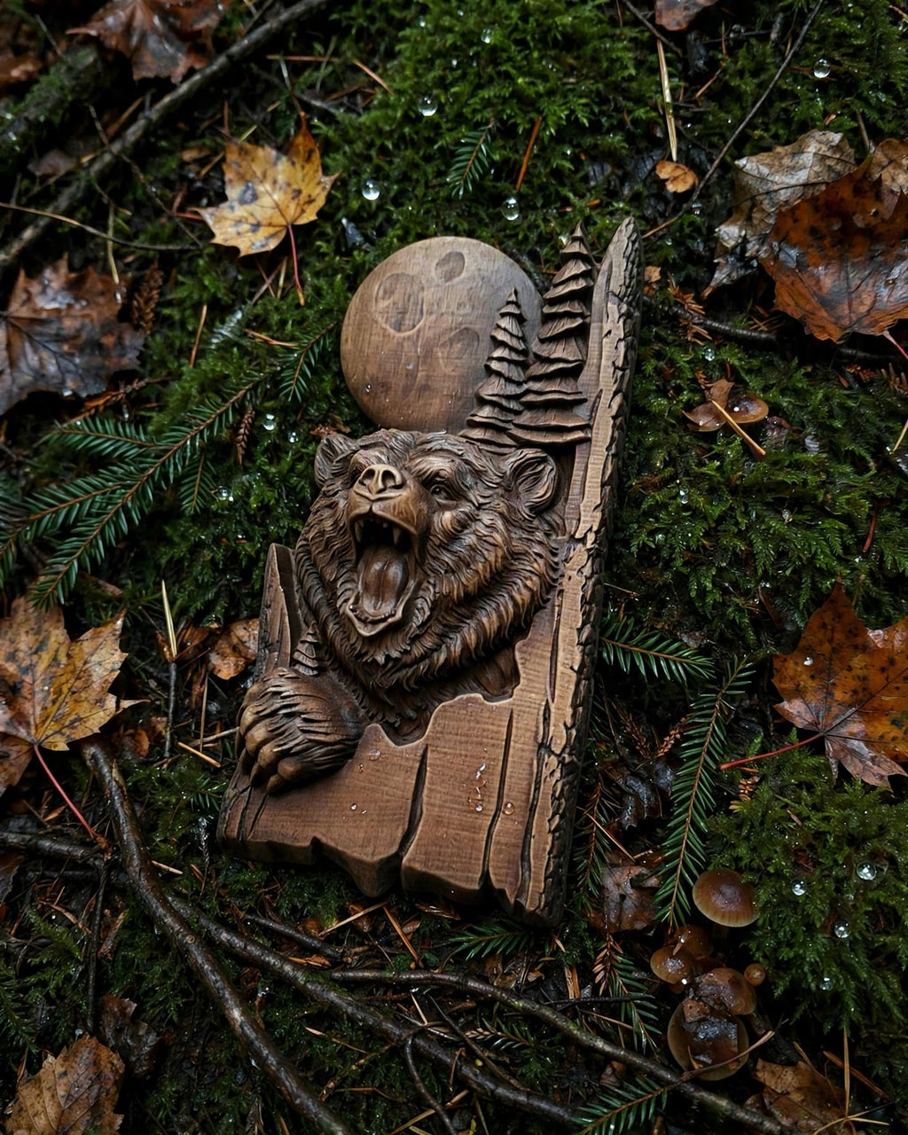 Bear Wooden Wall Panel — Hand-Carved Wood Art