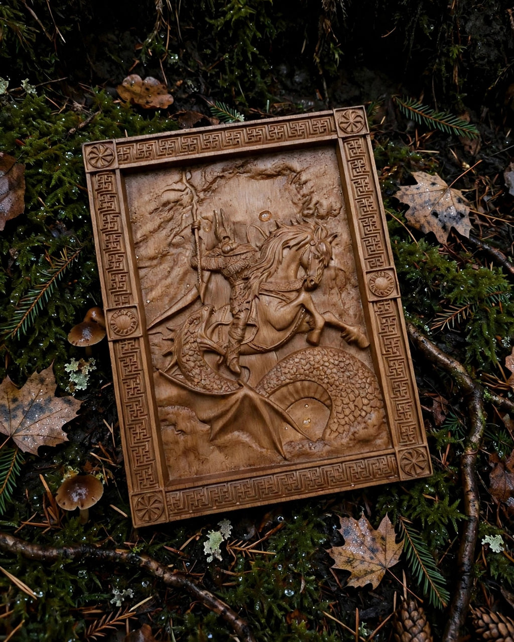 Perun's Battle with the Serpent Wooden Wall Panel — Hand-Carved Wood Art