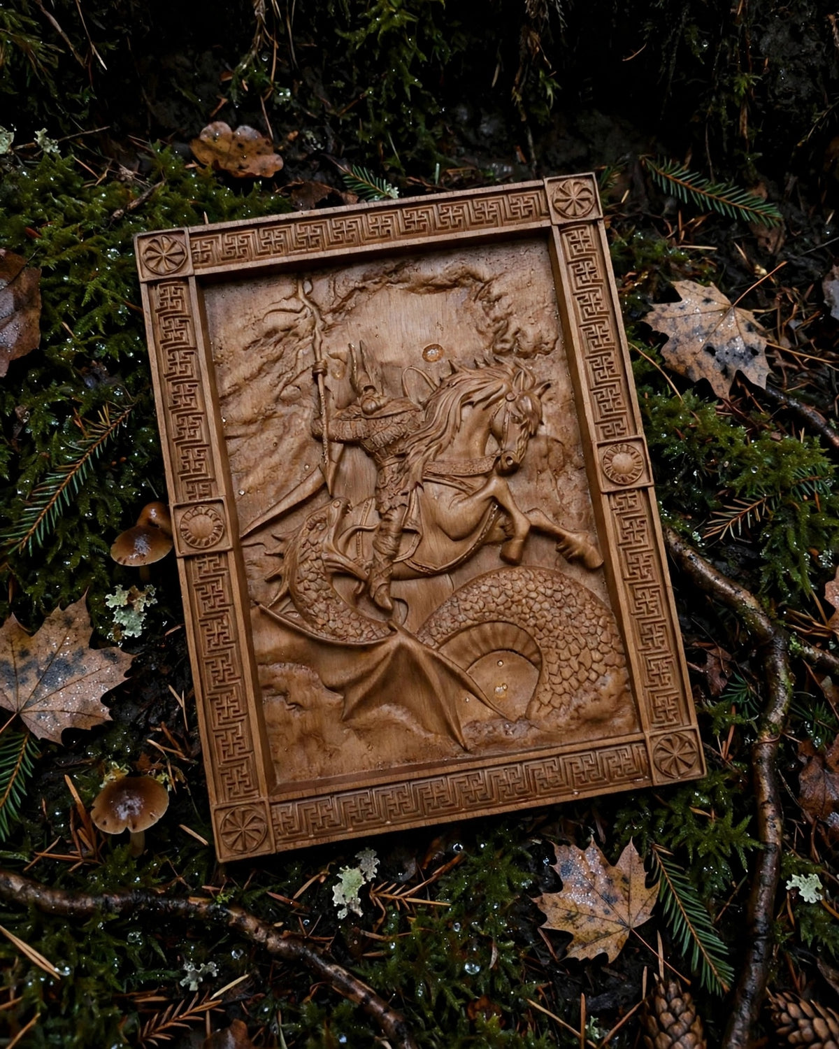 Perun's Battle with the Serpent Wooden Wall Panel — Hand-Carved Wood Art