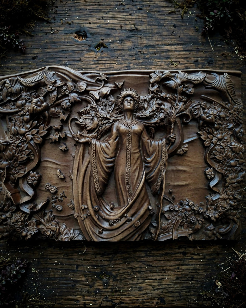 Slavic Goddess Zhiva Wooden Wall Panel — Hand-Carved Wood Art