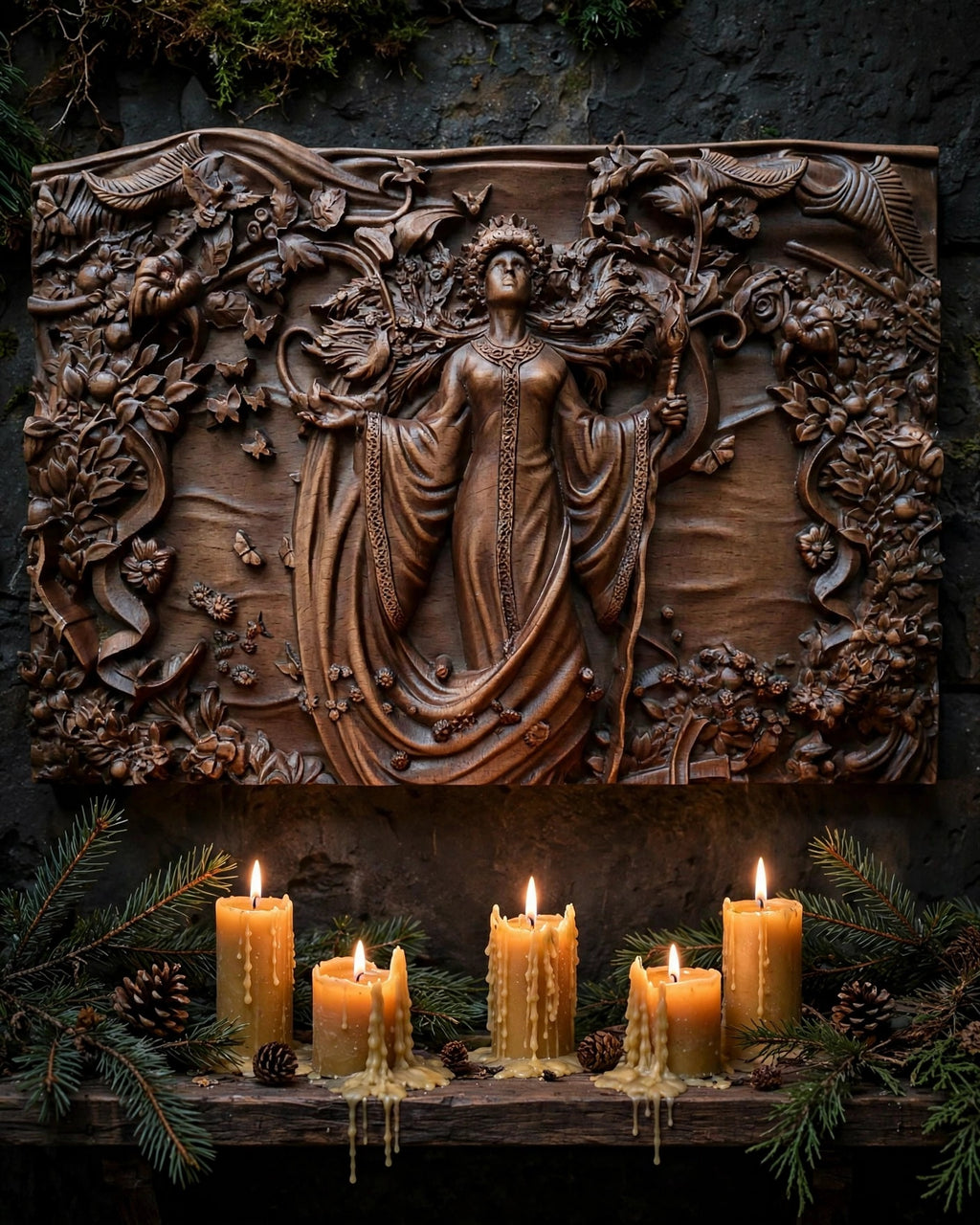 Slavic Goddess Zhiva Wooden Wall Panel — Hand-Carved Wood Art