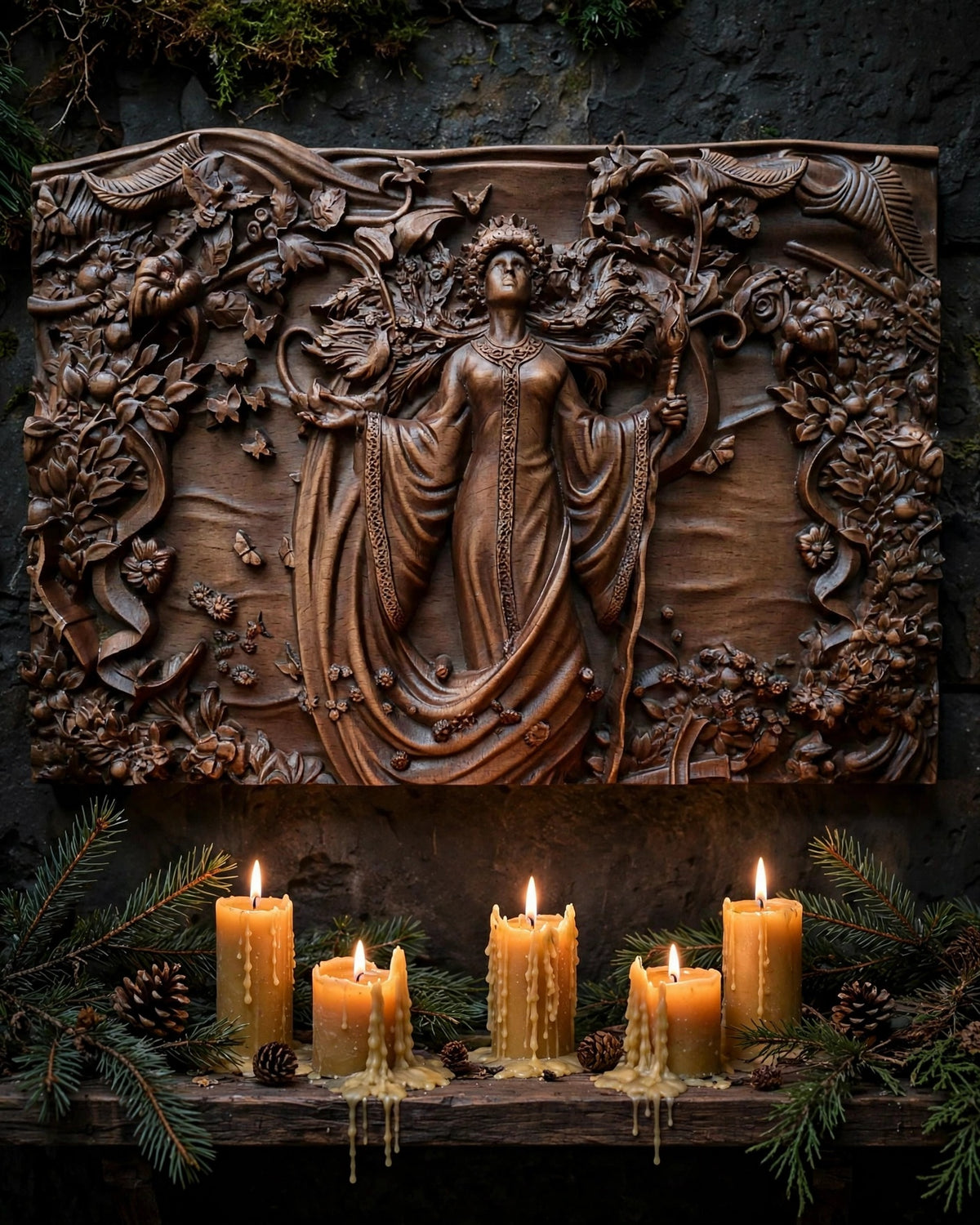 Slavic Goddess Zhiva Wooden Wall Panel — Hand-Carved Wood Art