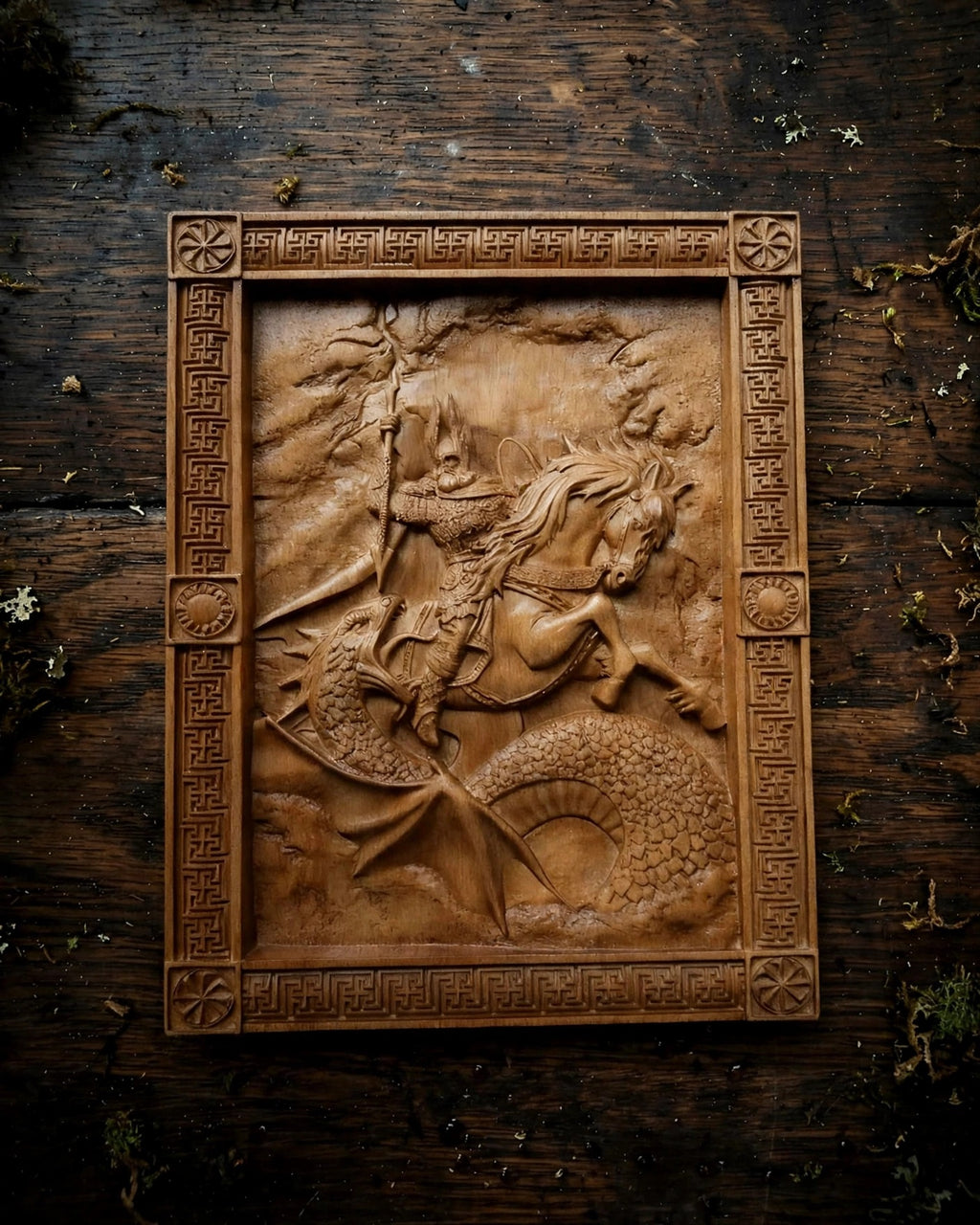 Perun's Battle with the Serpent Wooden Wall Panel — Hand-Carved Wood Art
