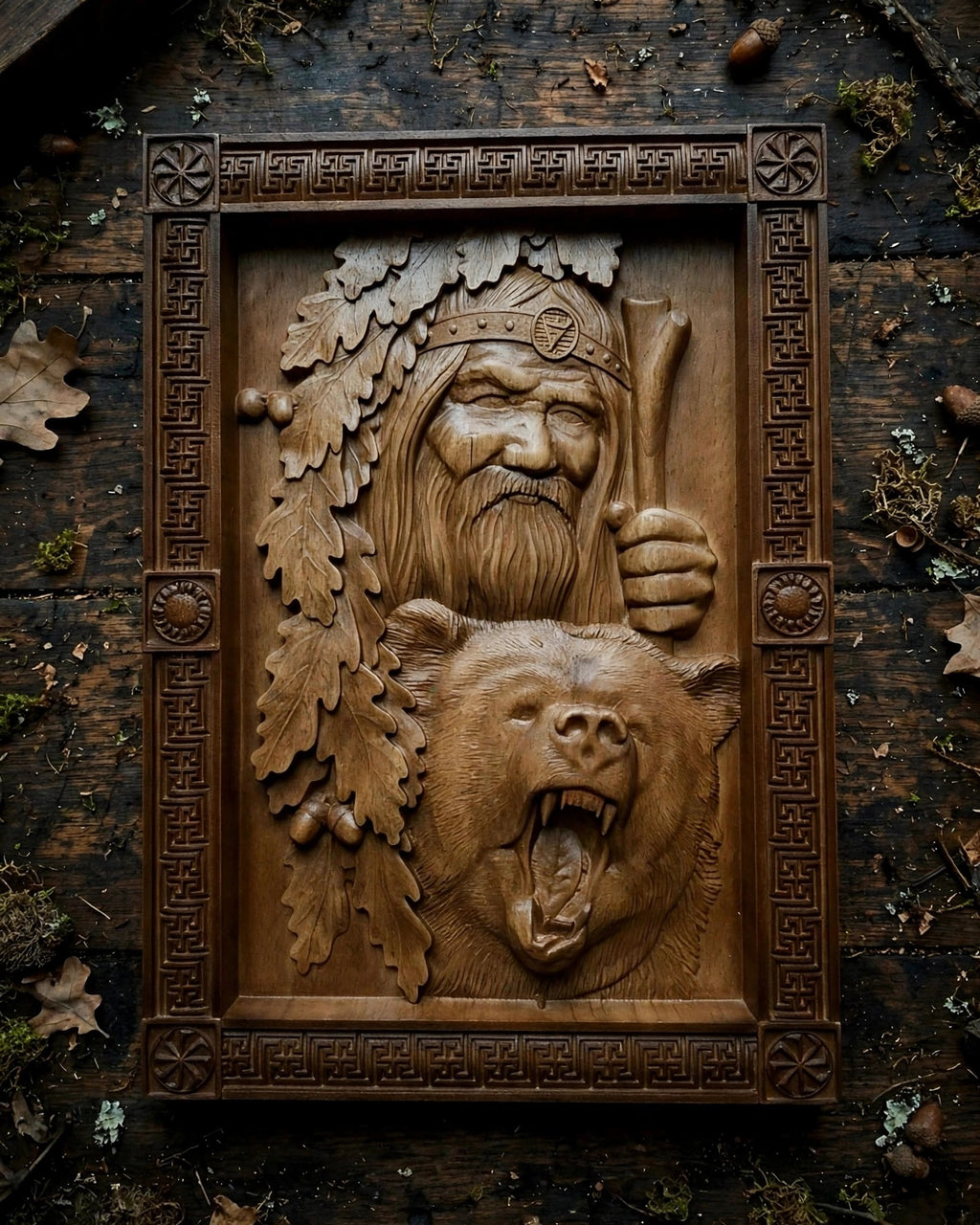 Veles with Bear Wooden Wall Panel — Hand-Carved Wood Art